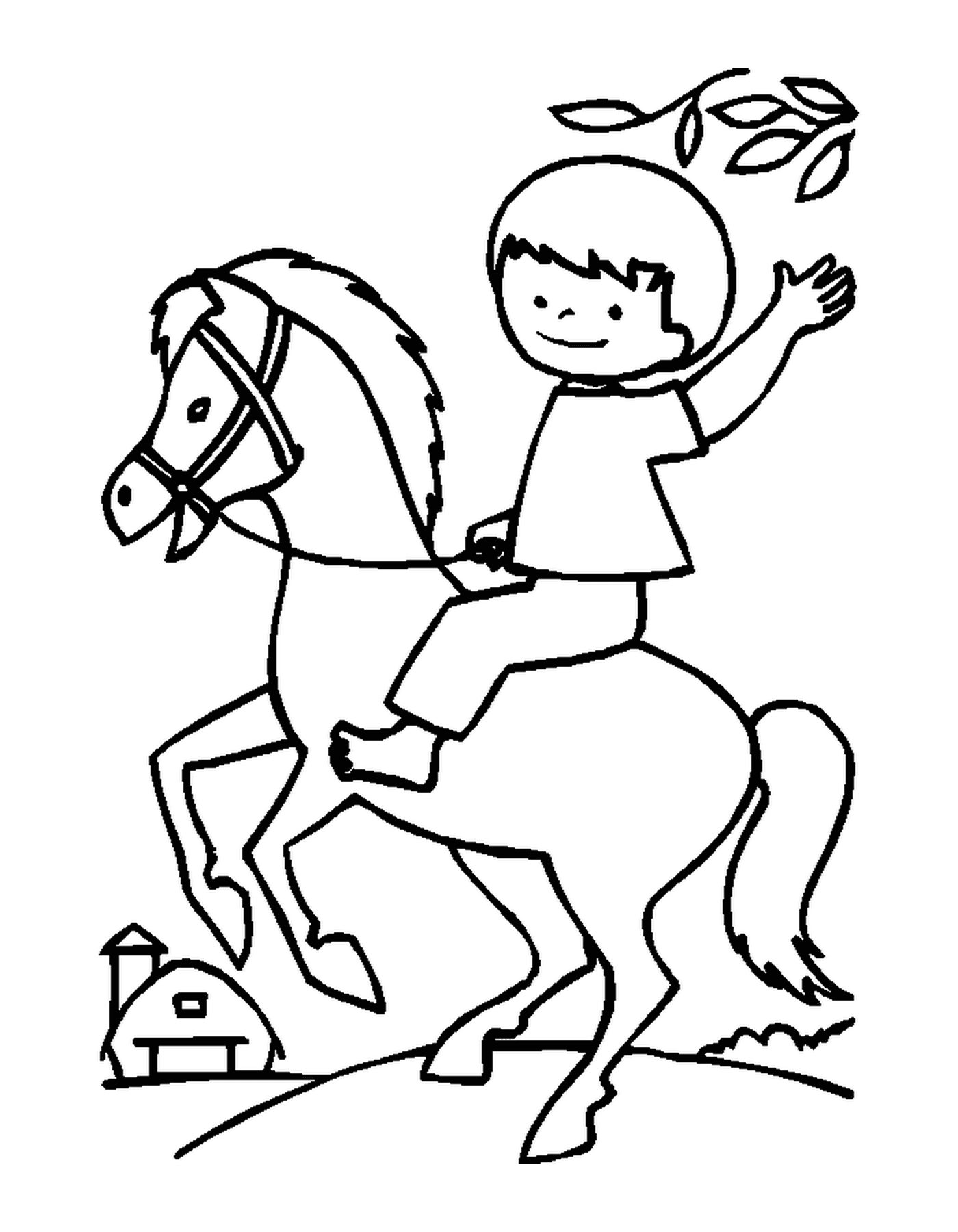  Niño montando su caballo felizmente sosteniendo las riendas 