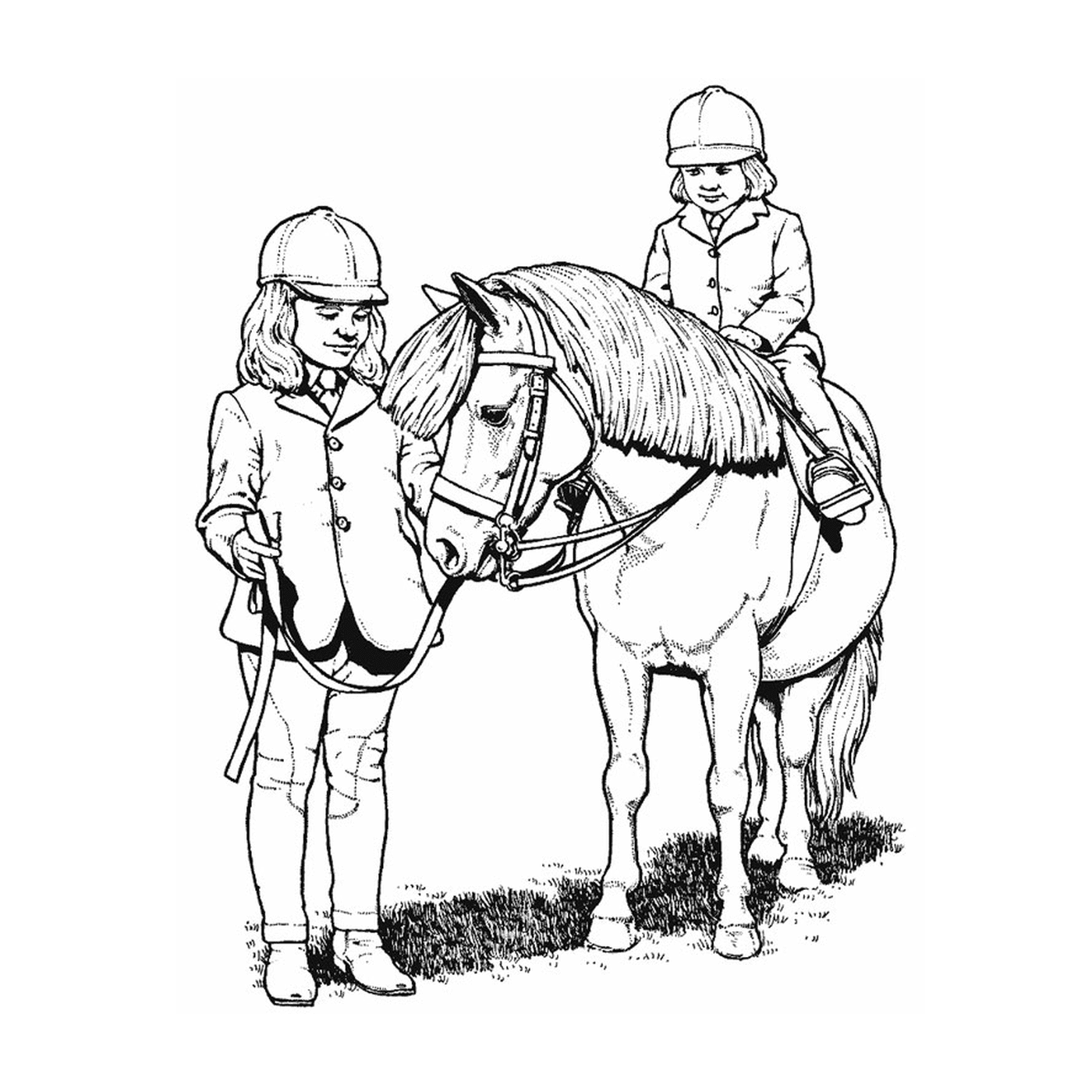  Гоночные лошади - двое детей ездят на лошади, держа в руках бразды правления 
