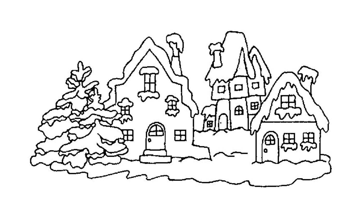  Häuser unter Winterschnee 