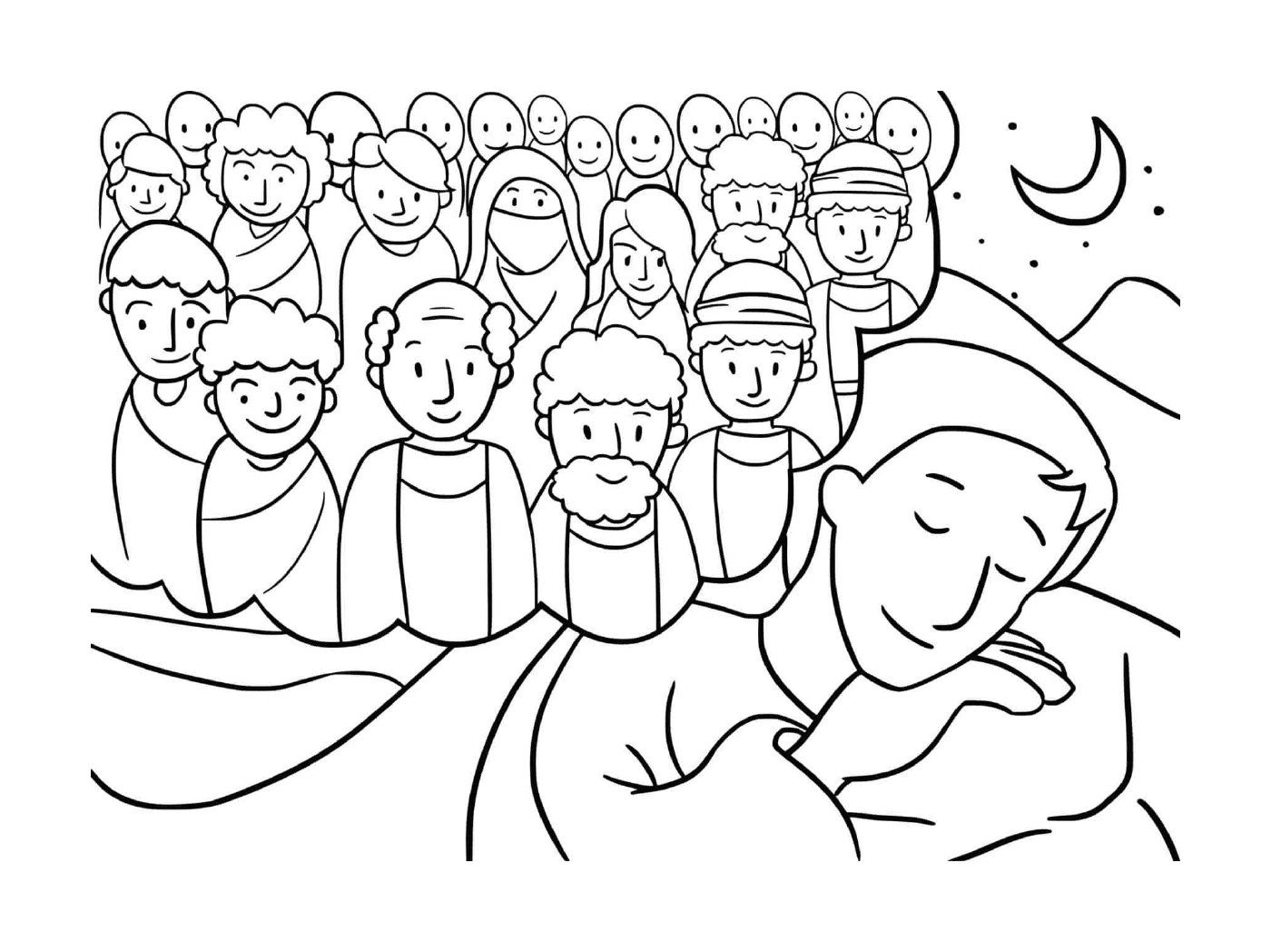  Gruppe von Menschen versammelte sich um einen schlafenden Mann 