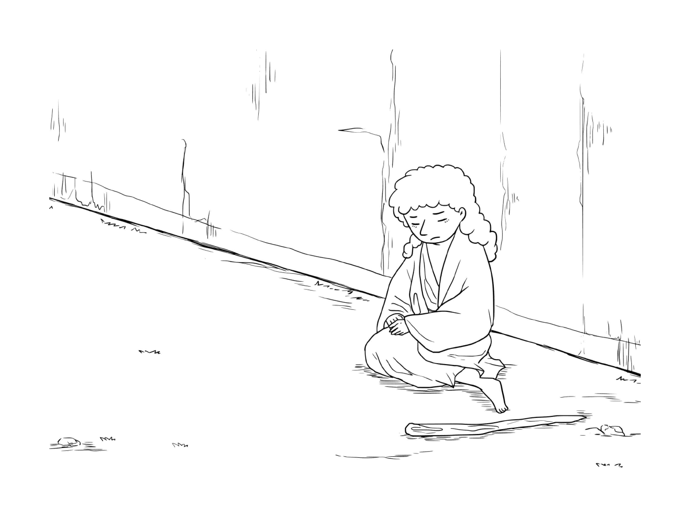  Persona seduta sul pavimento con un bastone 