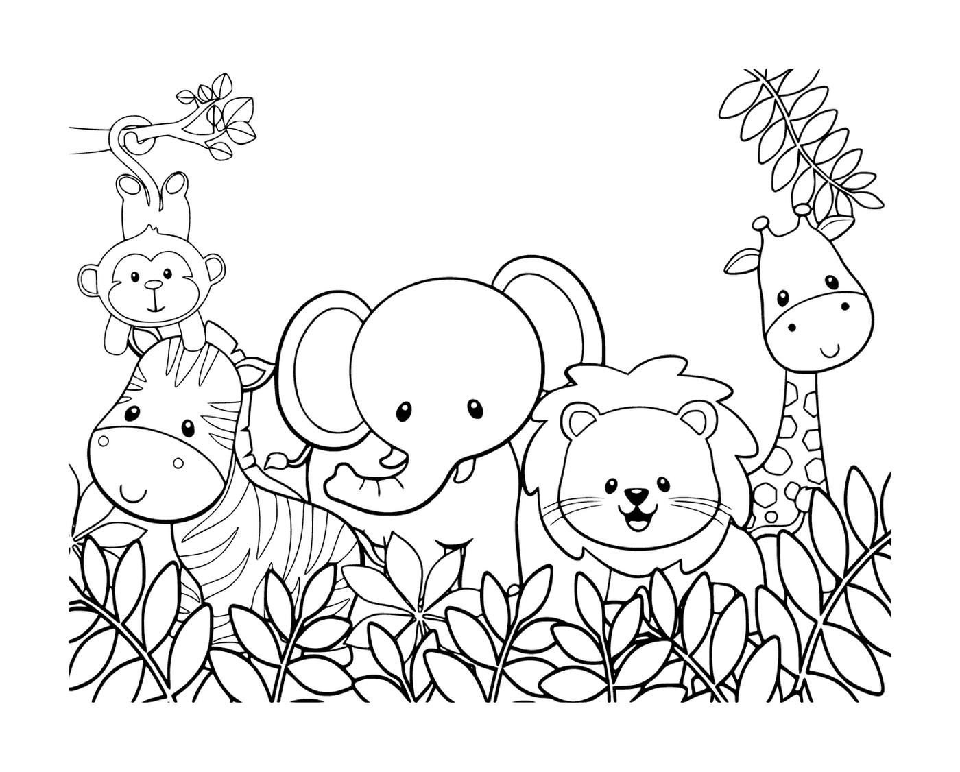  un gruppo di animali in piedi nell'erba della giungla 