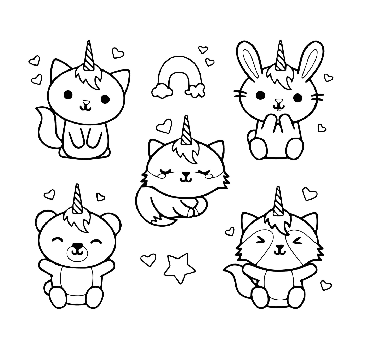  set of six cute animals with horns 