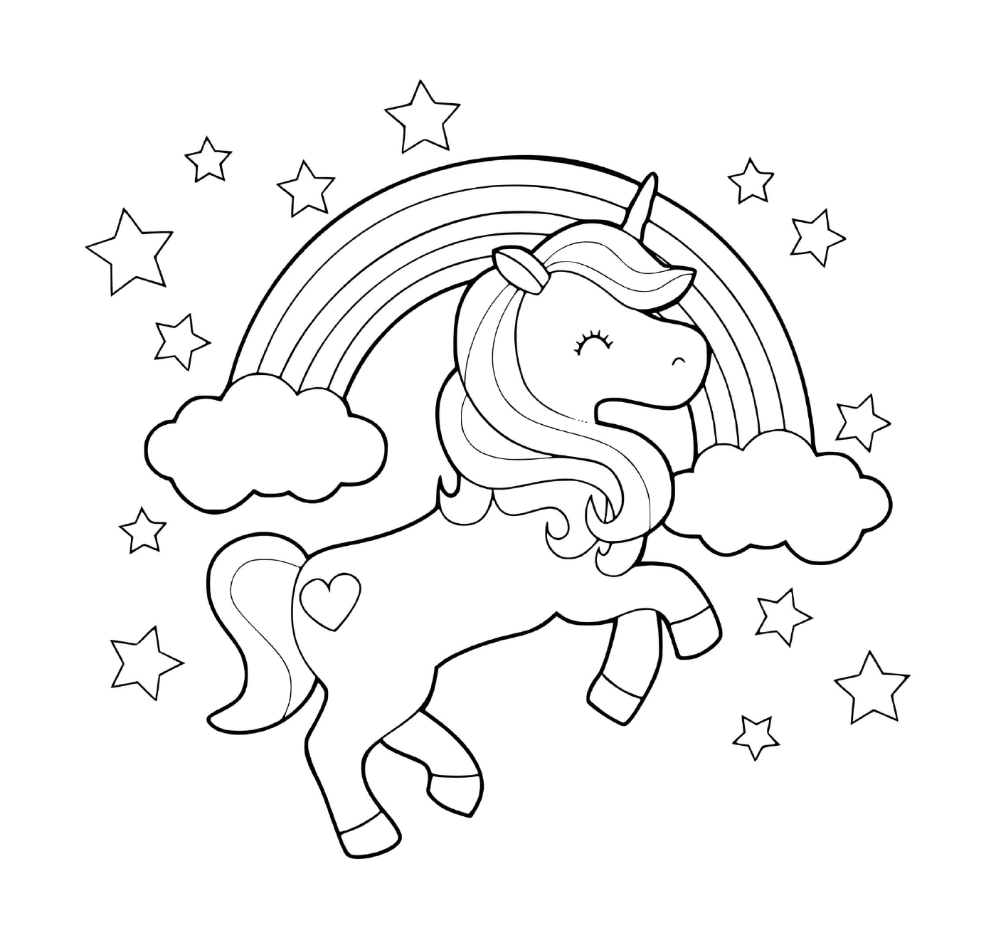  unicorno galoppante con arcobaleno e stelle 