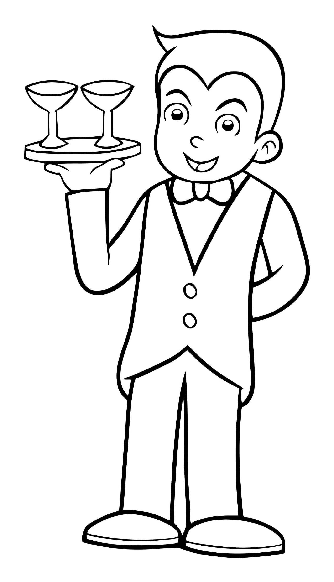  A boy pretends to be a restaurant waiter 