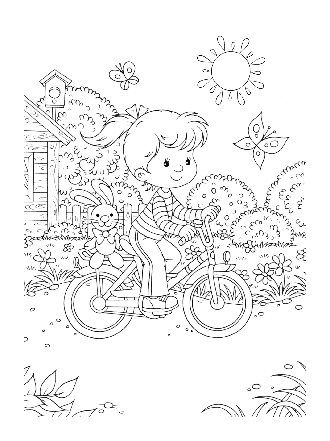  Ein kleines Mädchen fährt ein Fahrrad mit einem Kaninchen im Rücken 