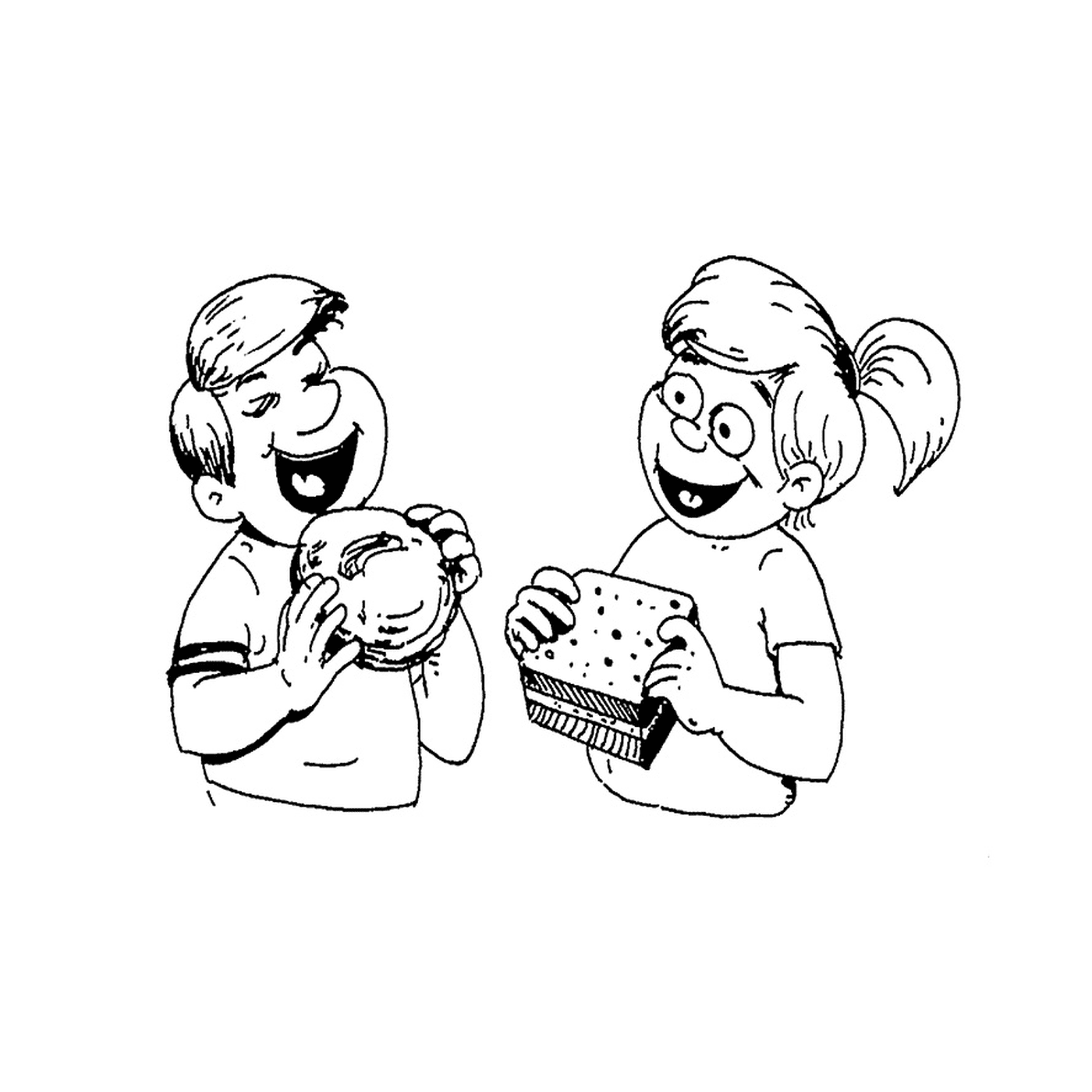  Мальчик и девочка едят бутерброд с закусками 