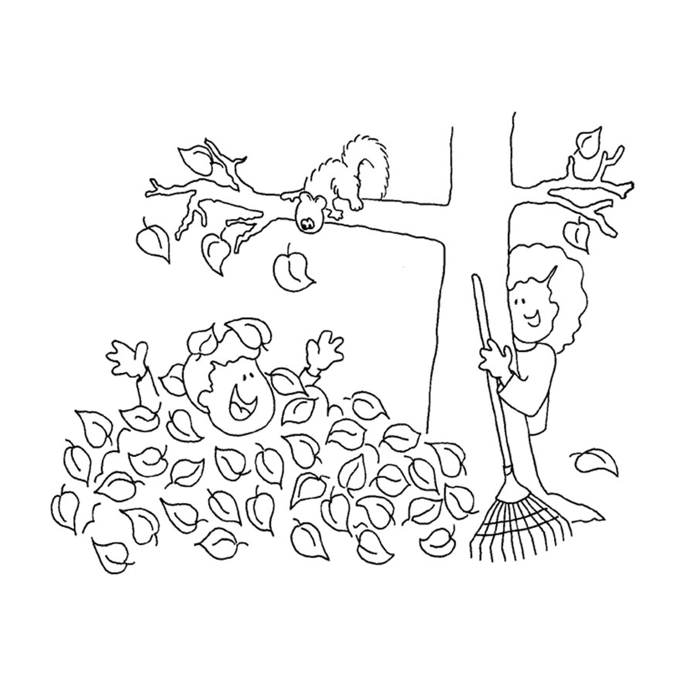  Мальчик и белка играют в мертвых листьях 