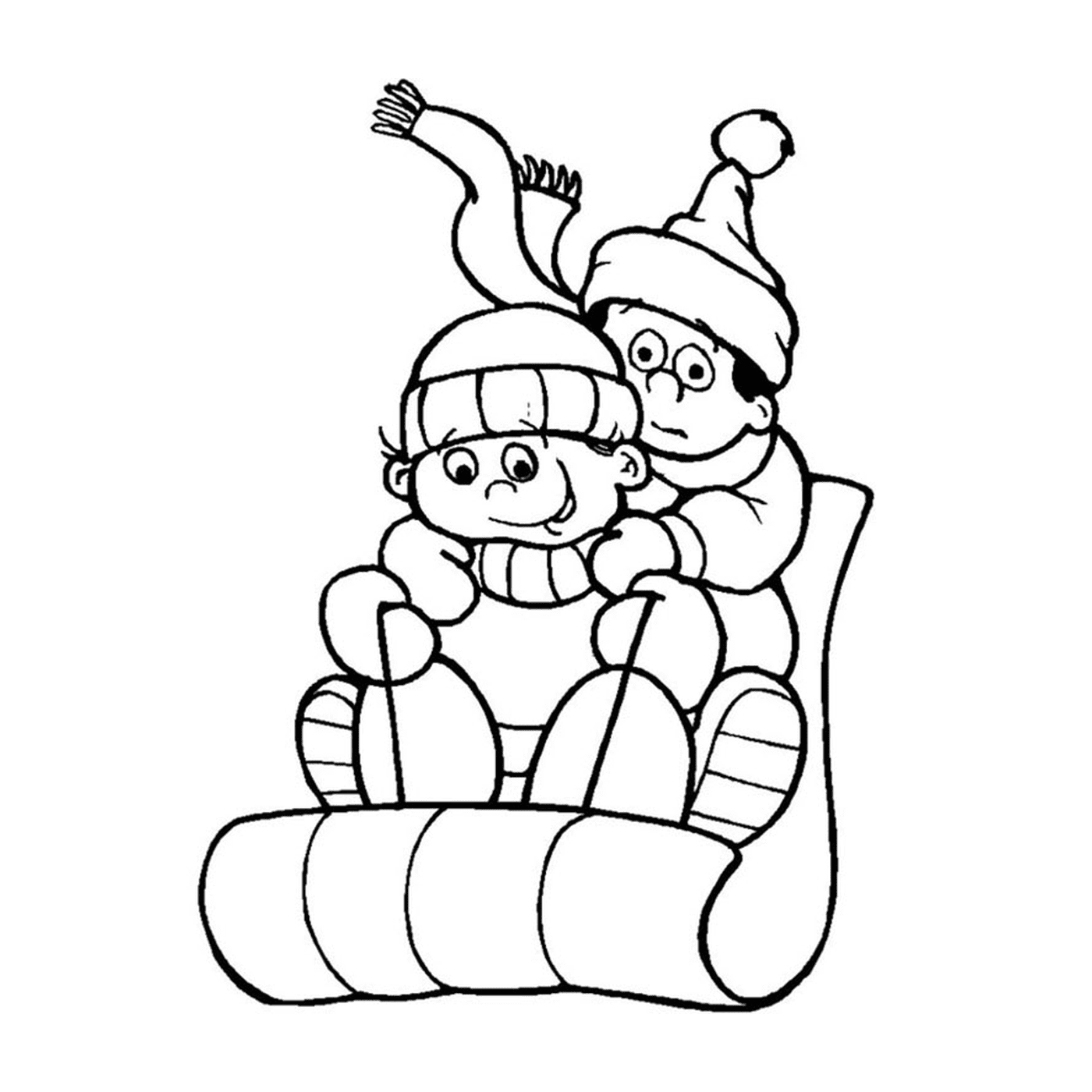  Two people do tobogganing together 