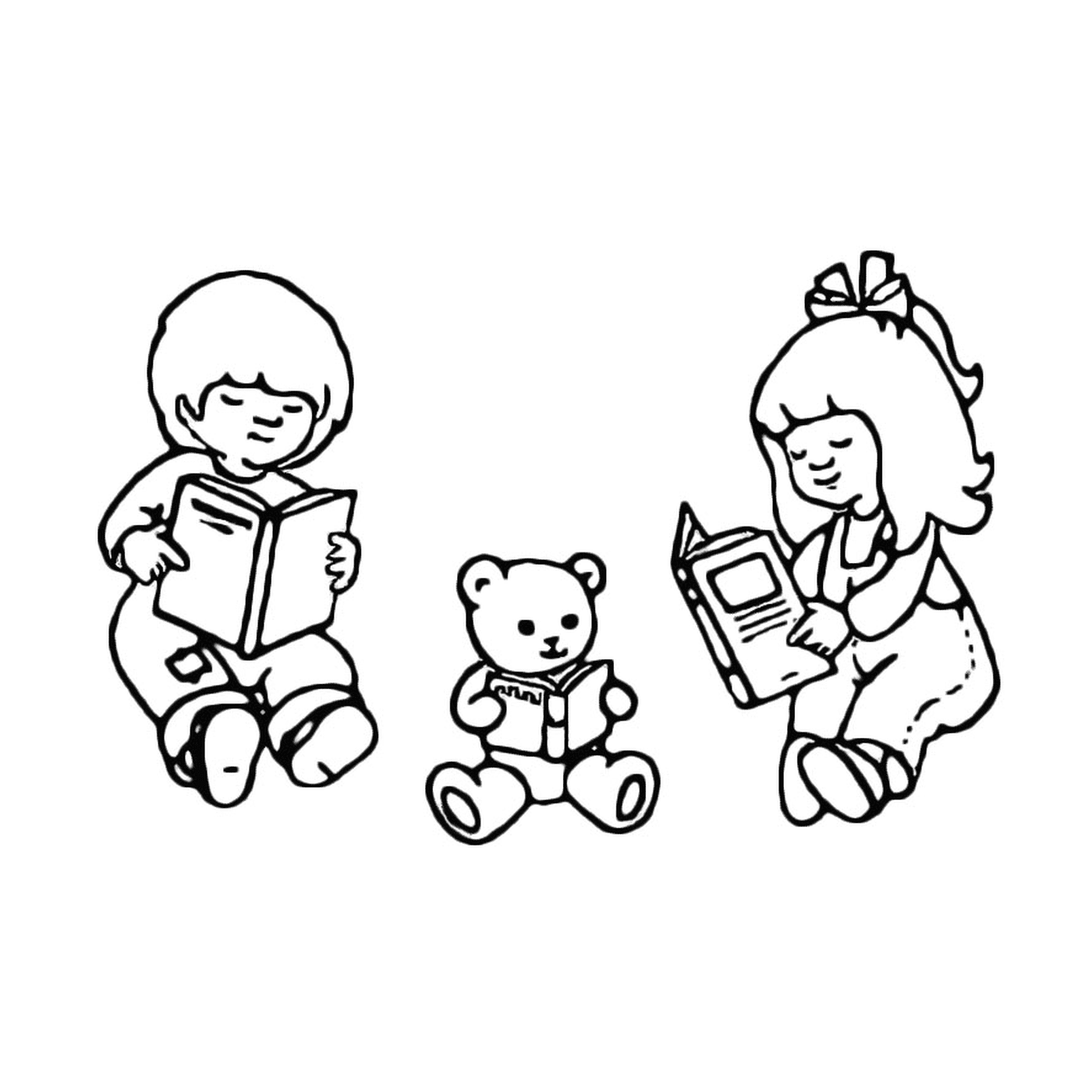  Three children read a book with a teddy bear 