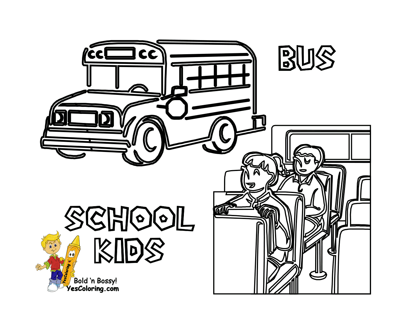  A school bus and a boy sitting at his office 