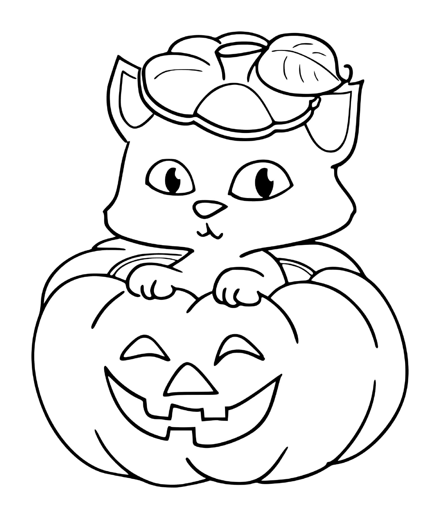  Un gatito sentado en una calabaza para Halloween 