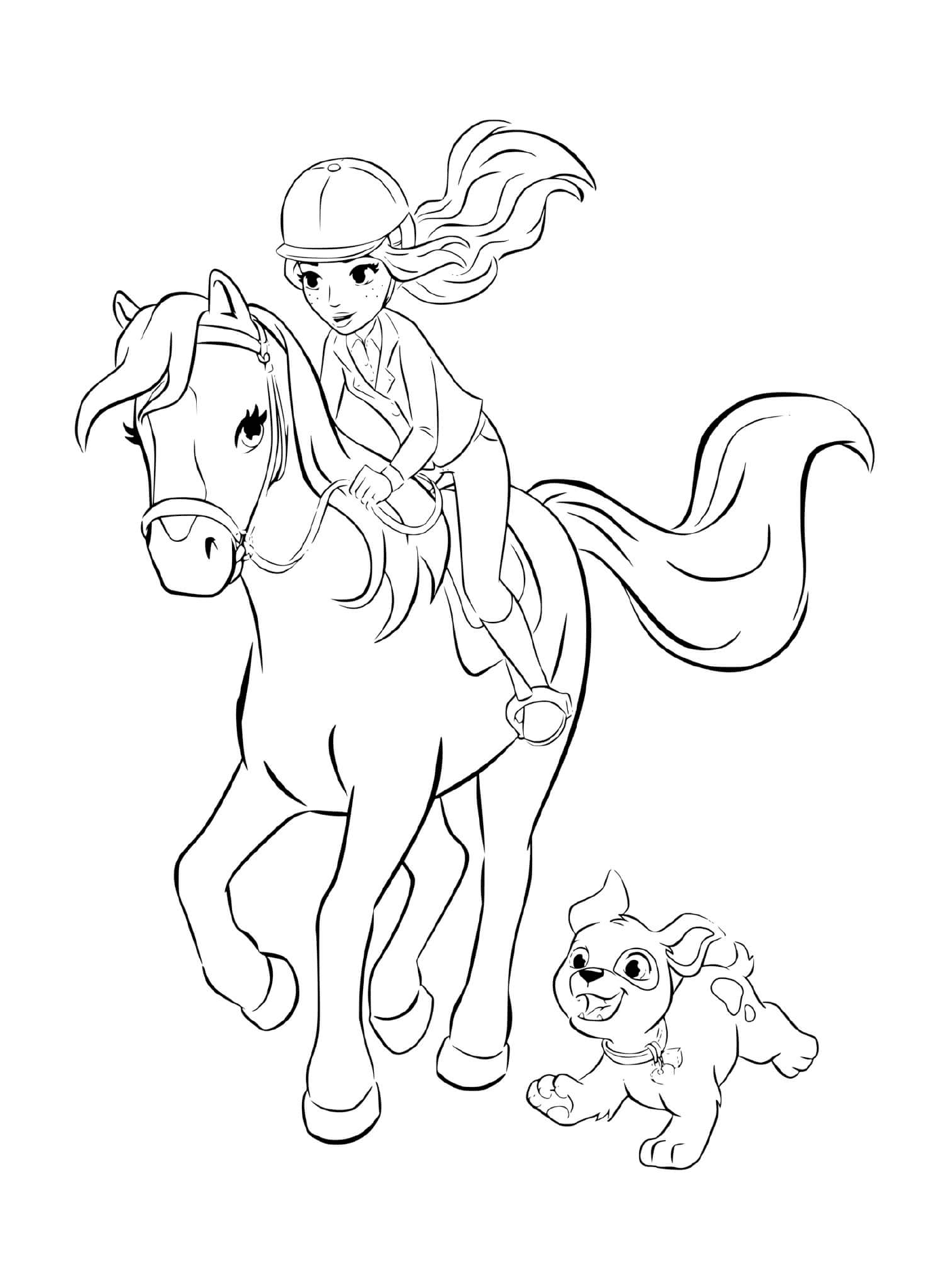 Девочка ездит на лошади со своей собакой 