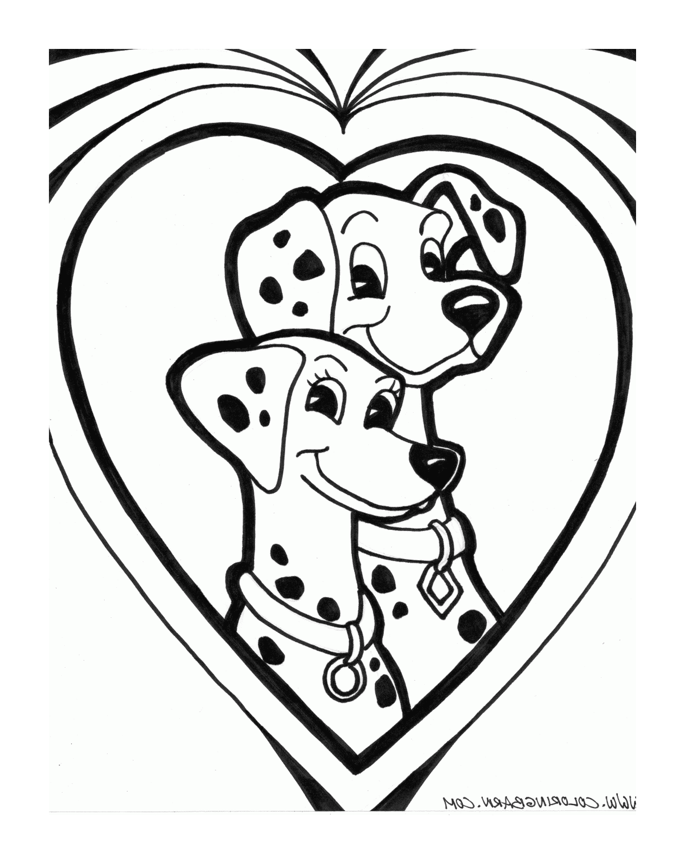  Two Dalmatians sitting in front of a heart 