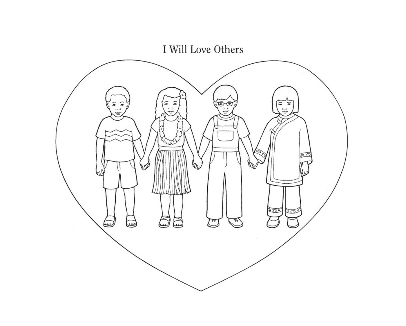  Cuatro niños tomados de la mano delante de un corazón 