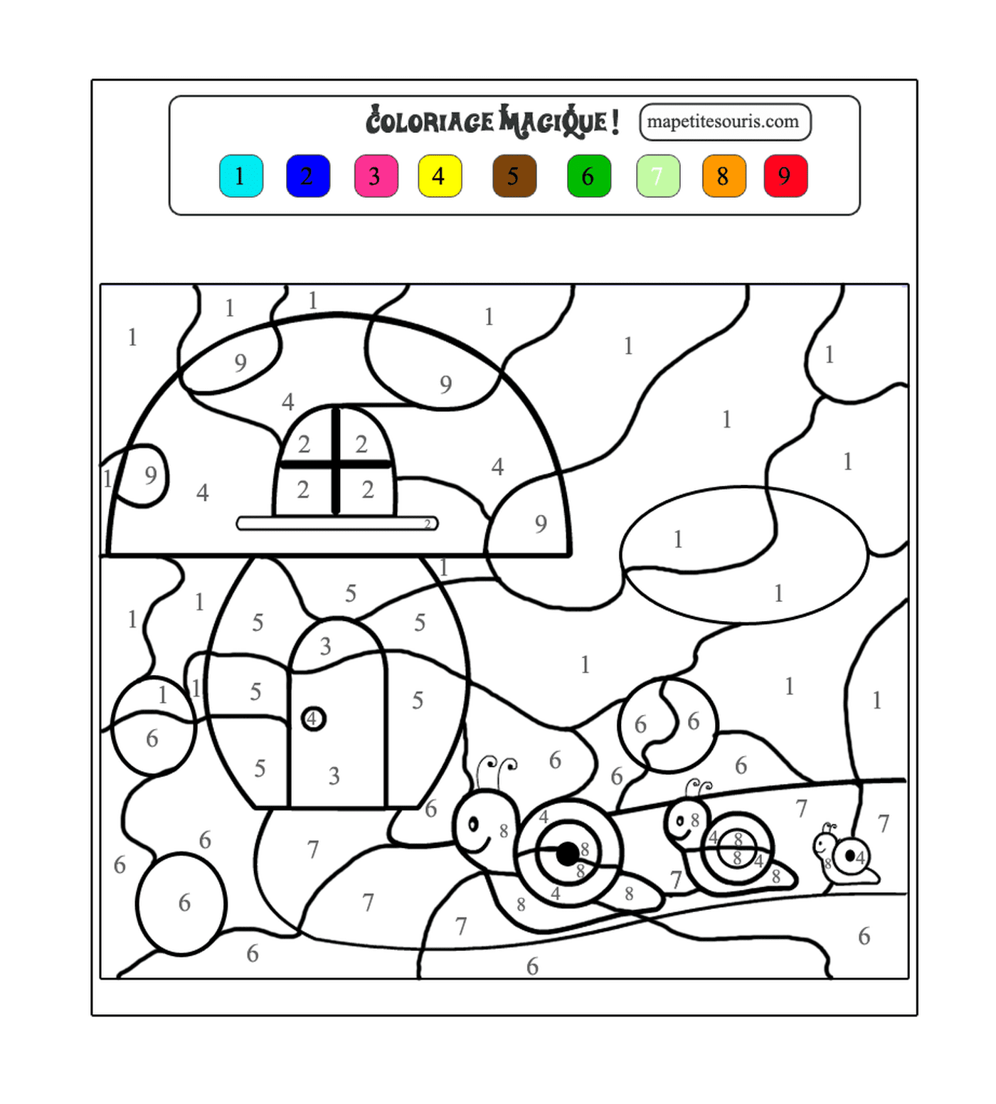  One coloring page per number with a house 