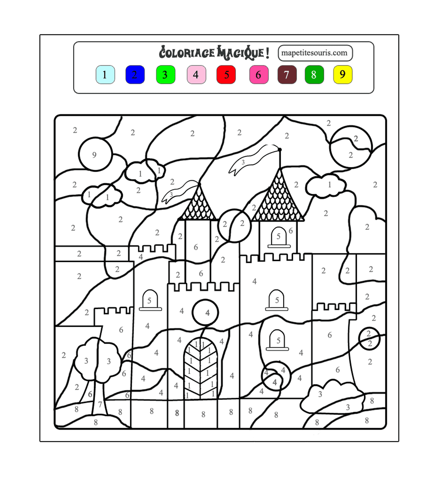  Number coloring exercise sheet for children with a castle 