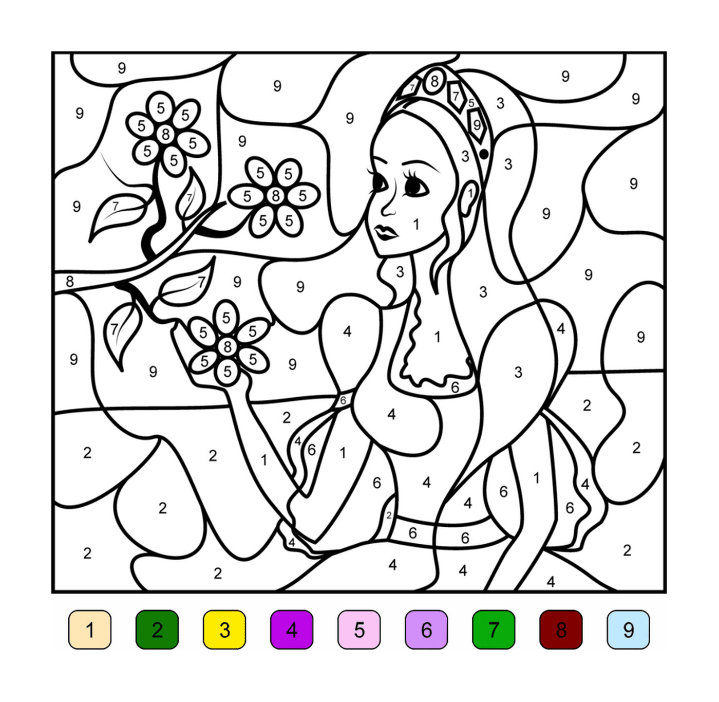  A woman with a bouquet of flowers coloring by number 