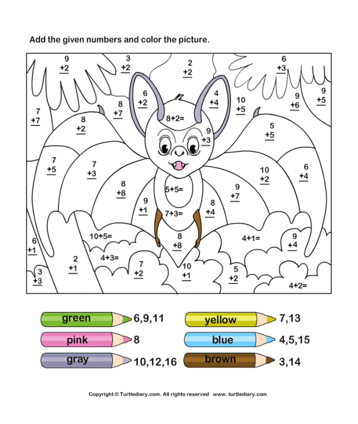  A bat with coloring by number from 11 to 19 