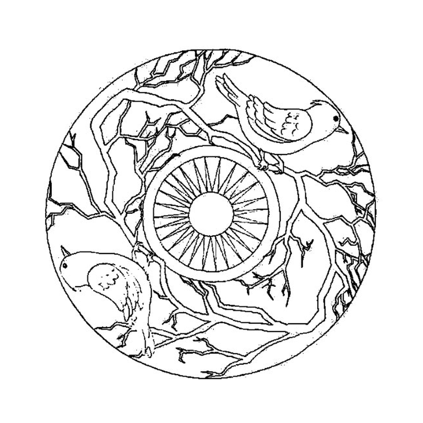  Circular Mandala mit Vögeln auf Ästen 