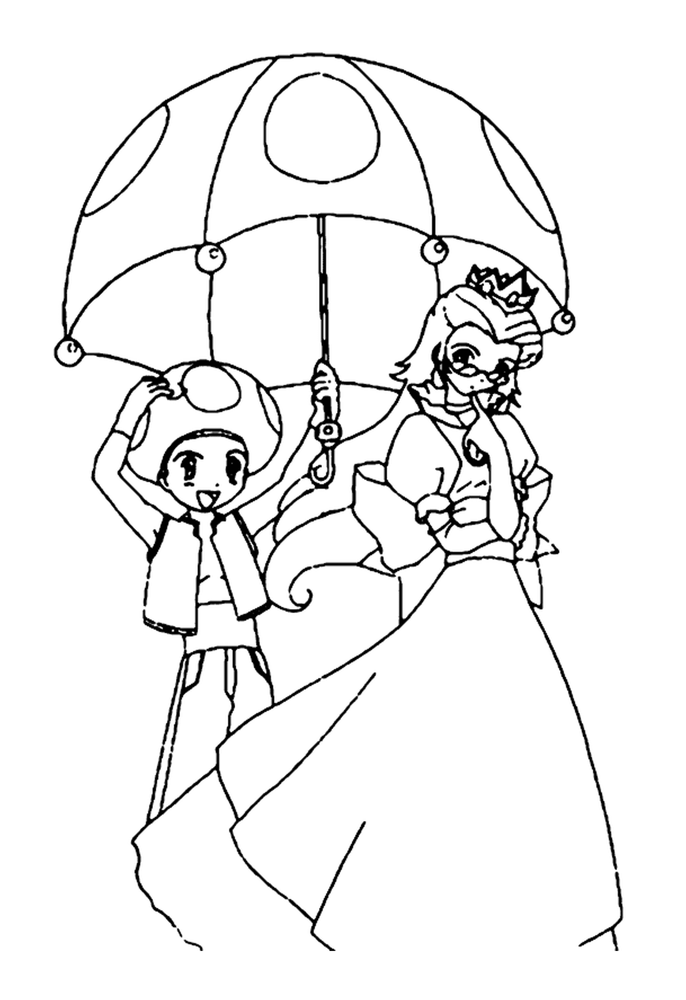  The princess and Toad, an elderly woman holding an umbrella and a young boy holding an umbrella 