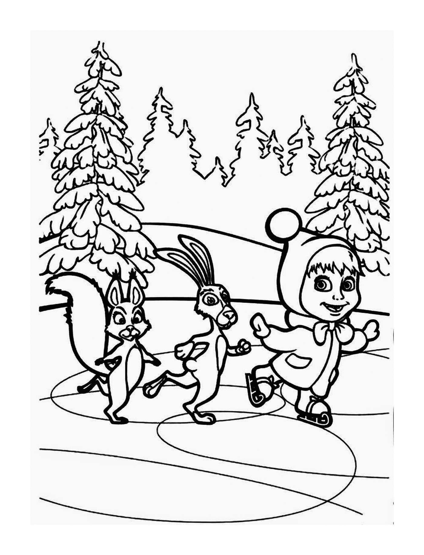  Маша и Мишка катаются на коньках со своими друзьями 