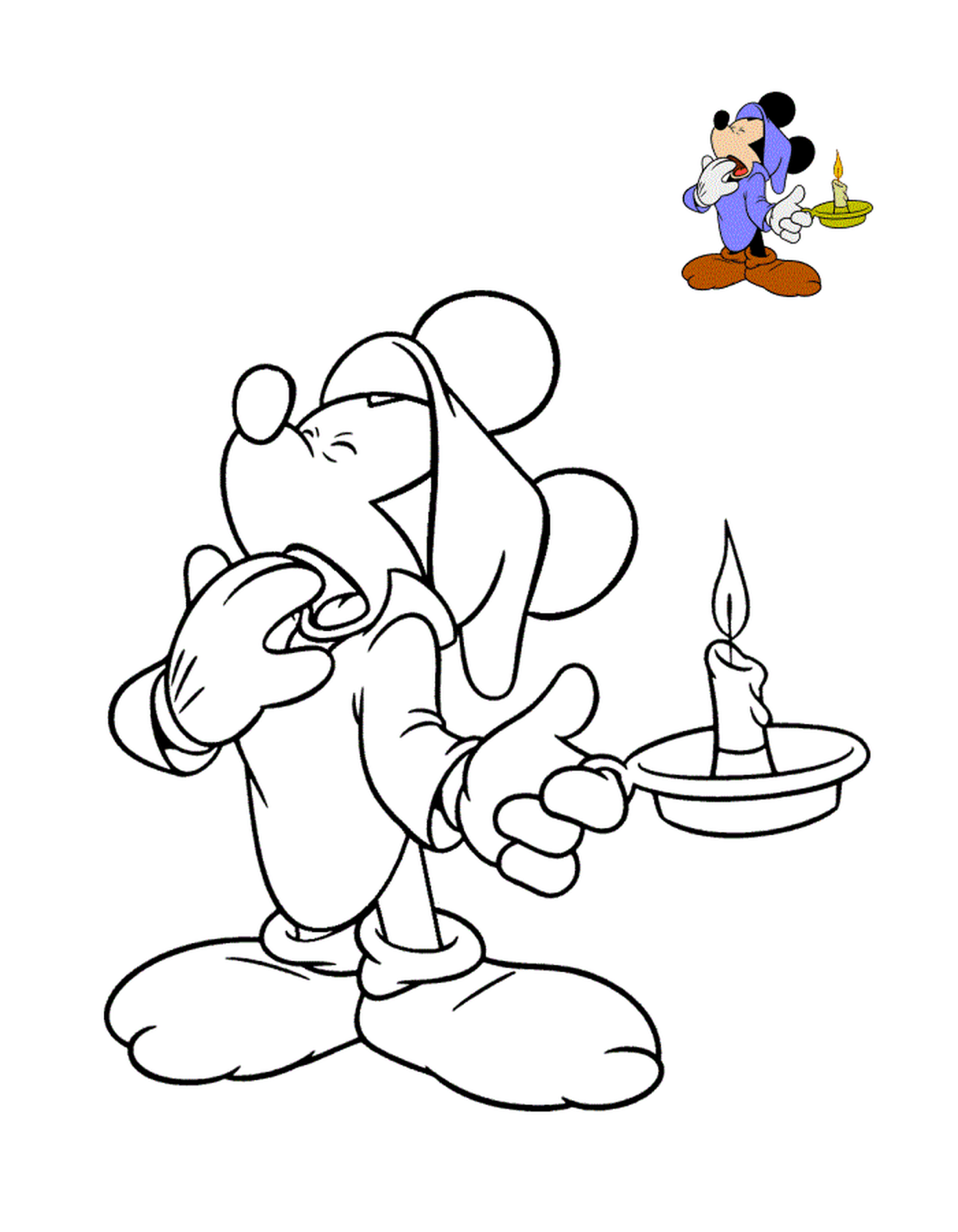  Mickey quiere dormir, sosteniendo una vela 