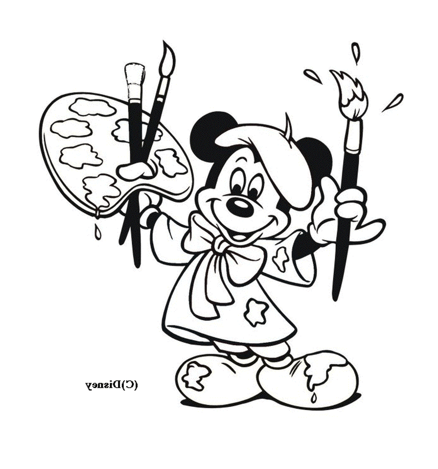  Mickey is a painter: holding brushes and a easel 