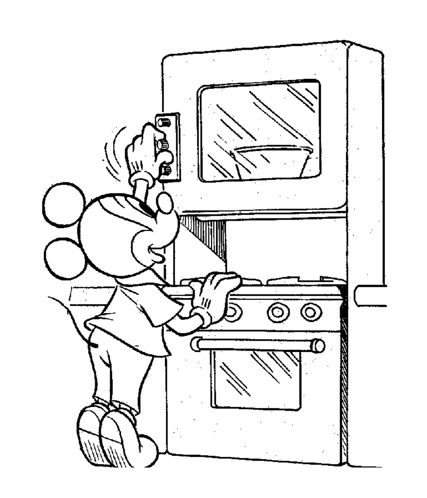  Mickey lights his oven: cartoon character cooking in a kitchen 
