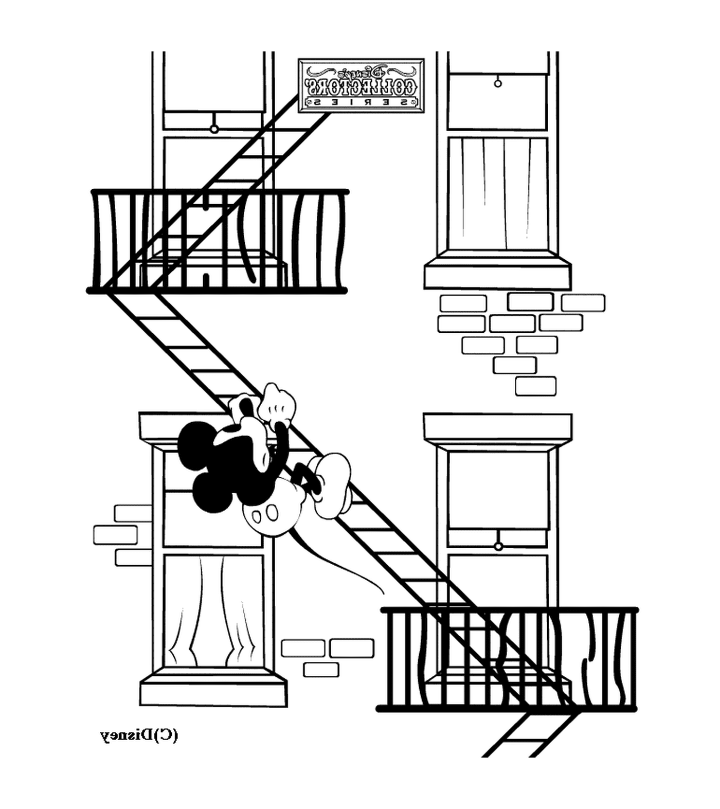 Mickey en las escaleras de emergencia: escalera de emergencia con un hombre caído 