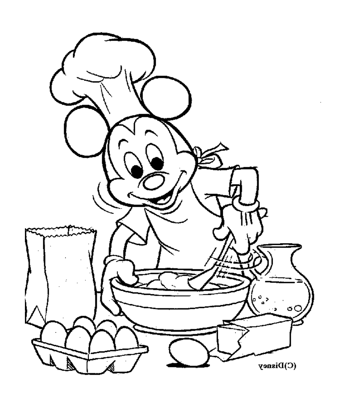  Mickey cocina: chef Mickey Mouse mezclando huevos 