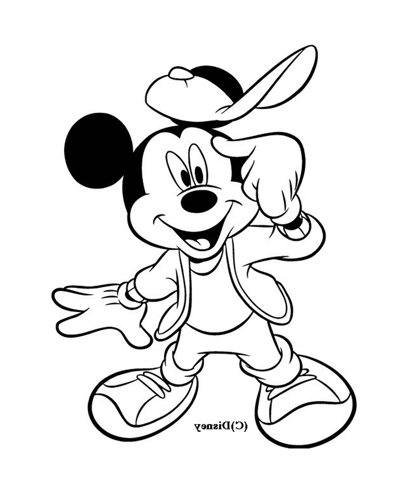  Mickey is cool: wearing a baseball cap and a jacket 