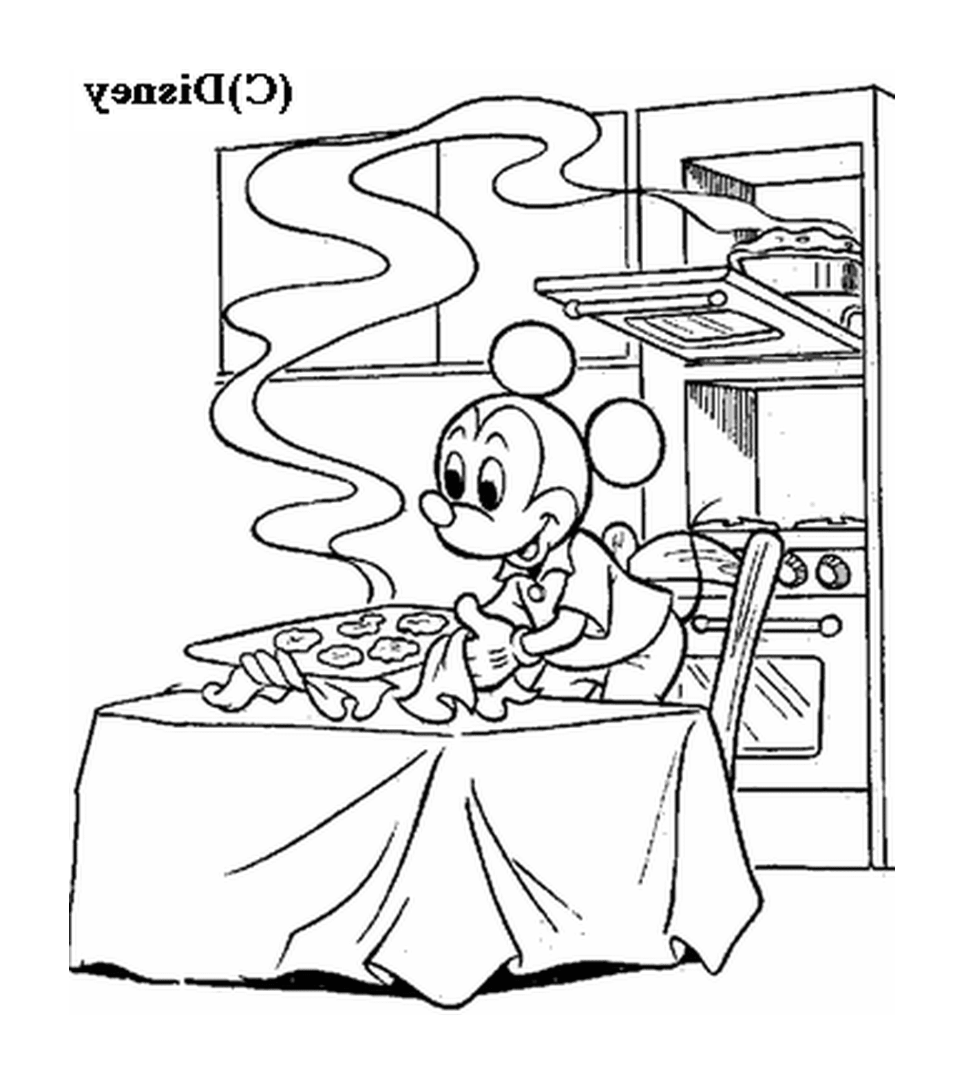  Mickey fa i biscotti: un mouse seduto ad un tavolo di fronte ad una stufa 