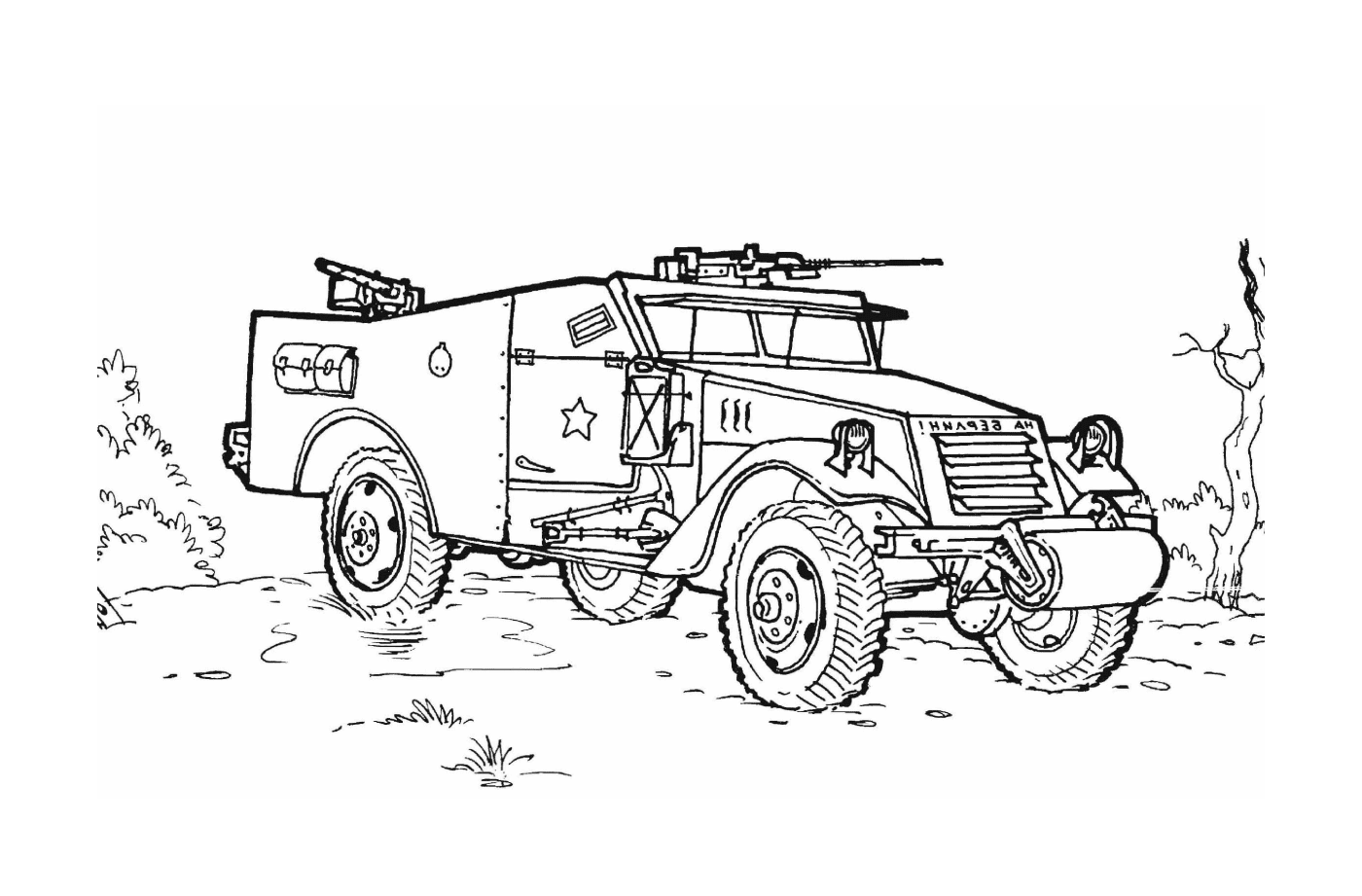  Military vehicle with weapons: an old military vehicle designed 