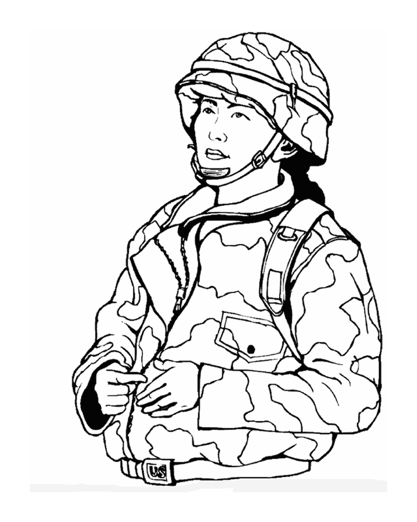  Militare donna: un soldato in giacca e casco camuffati 