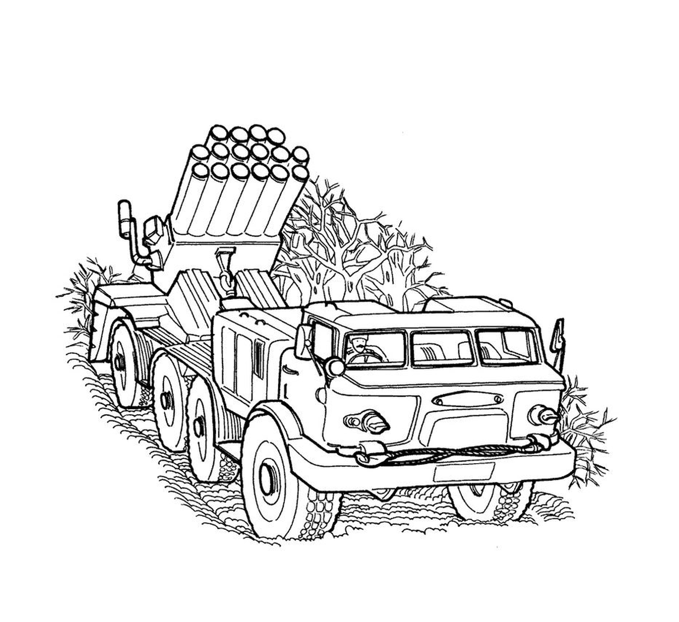 Military vehicle: an old truck with a rocket launcher 