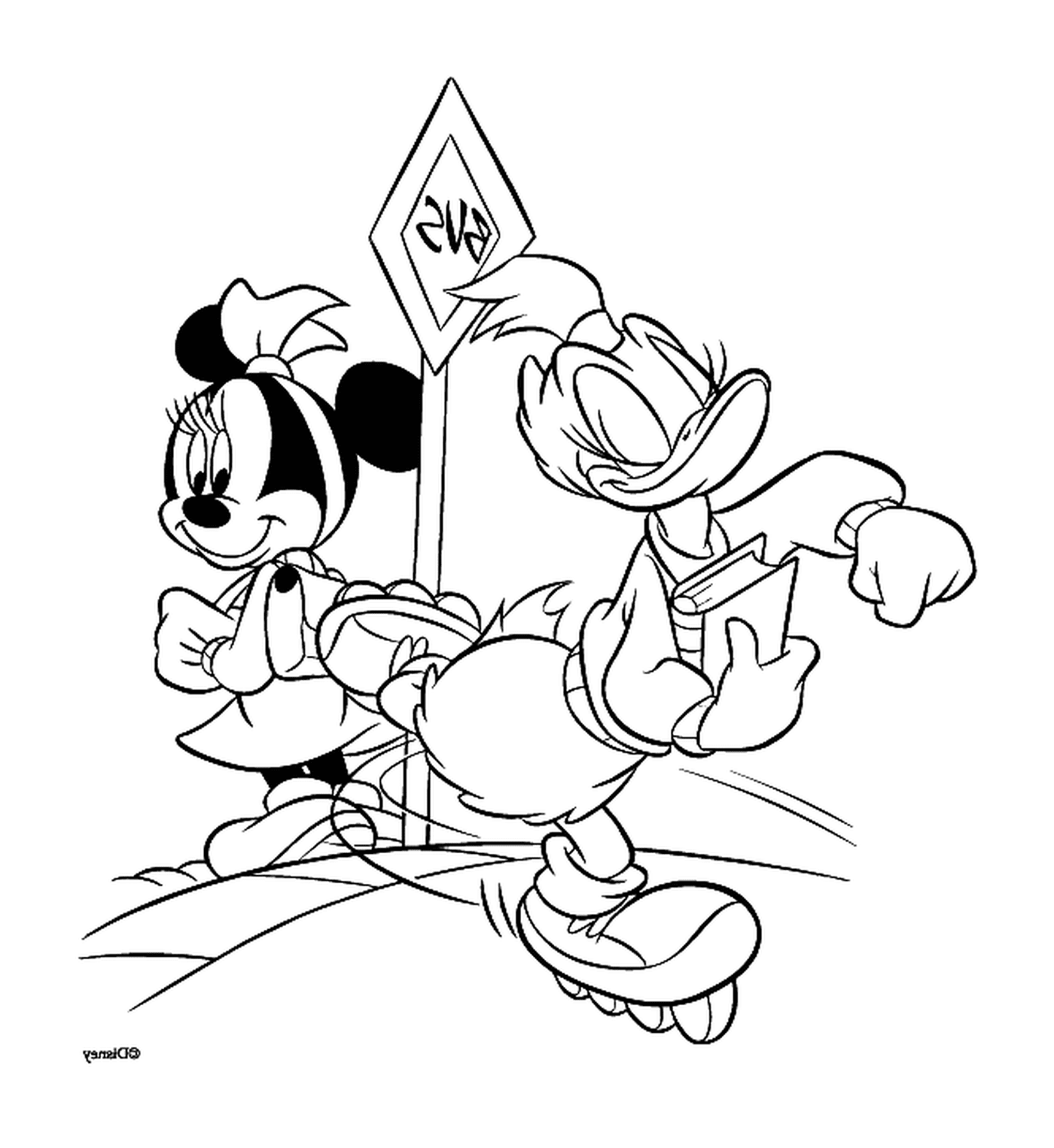  Minnie's waiting for the bus, but Daisy's going rollerblading 
