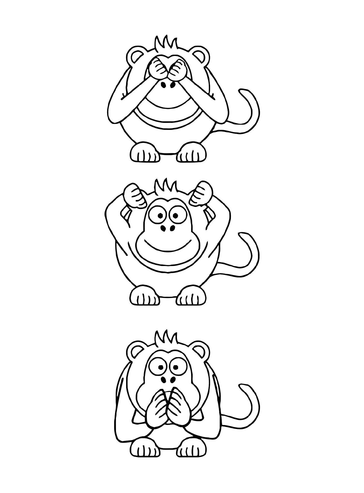  Tres monos con diferentes expresiones 