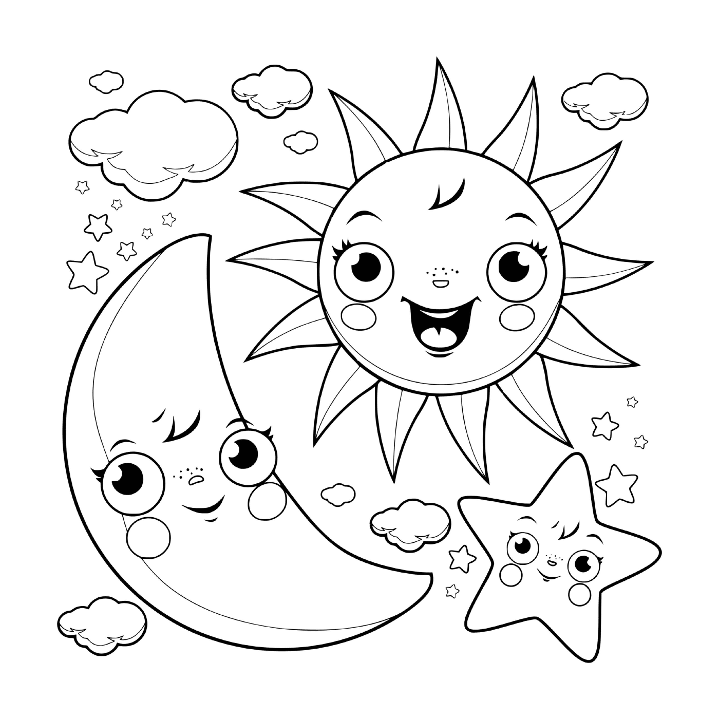  Sun, moon and star, clouds 