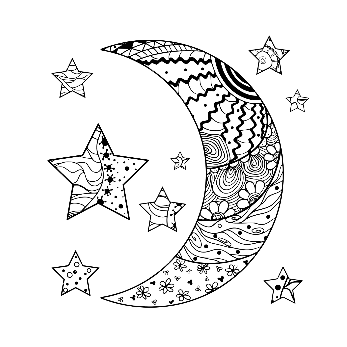  Moon Crescent and Stars with Abstract Patterns 