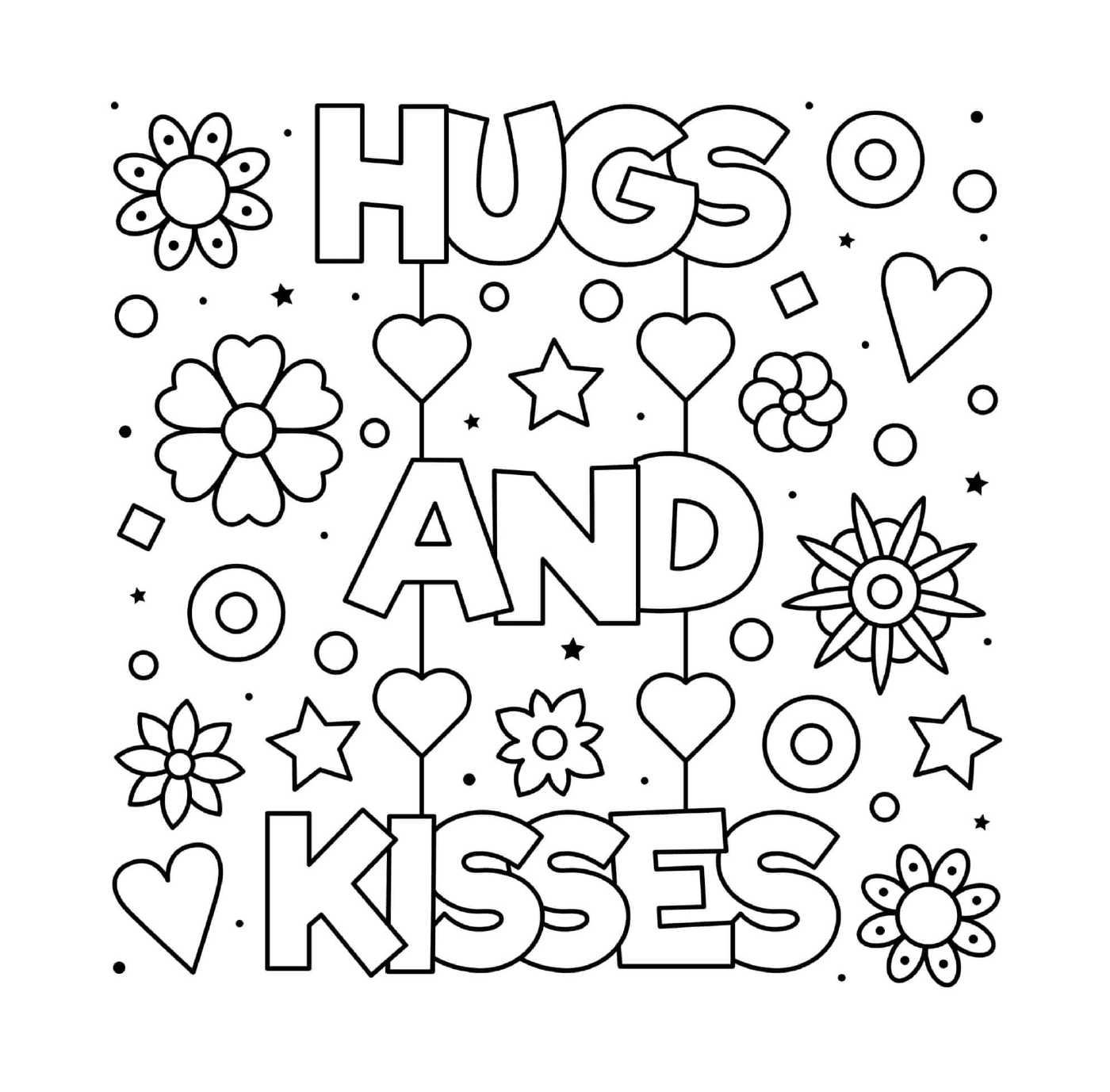  A drawing with the words hugs and kisses 