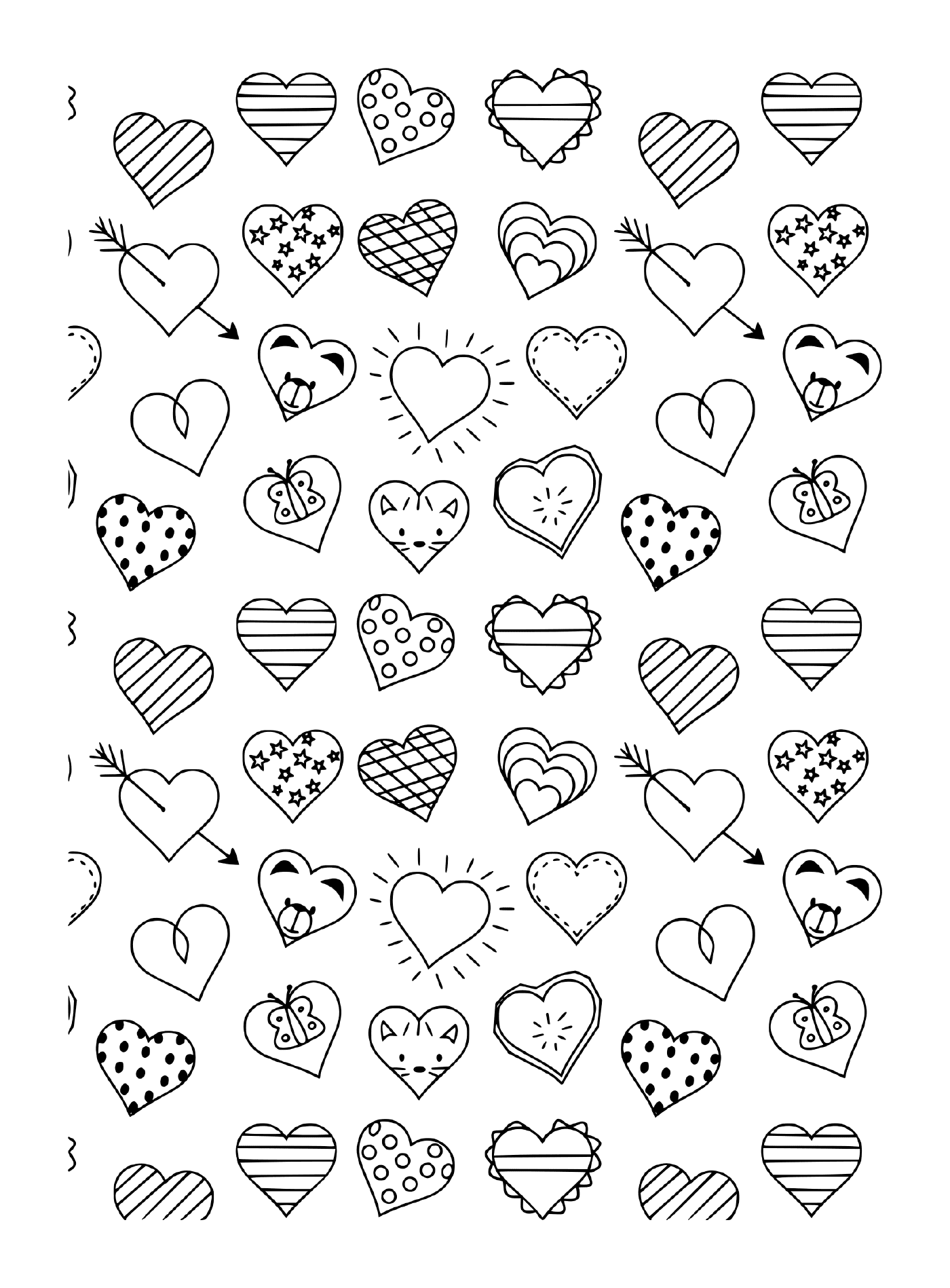  Черно-белый рисунок различных сердец и стрел 