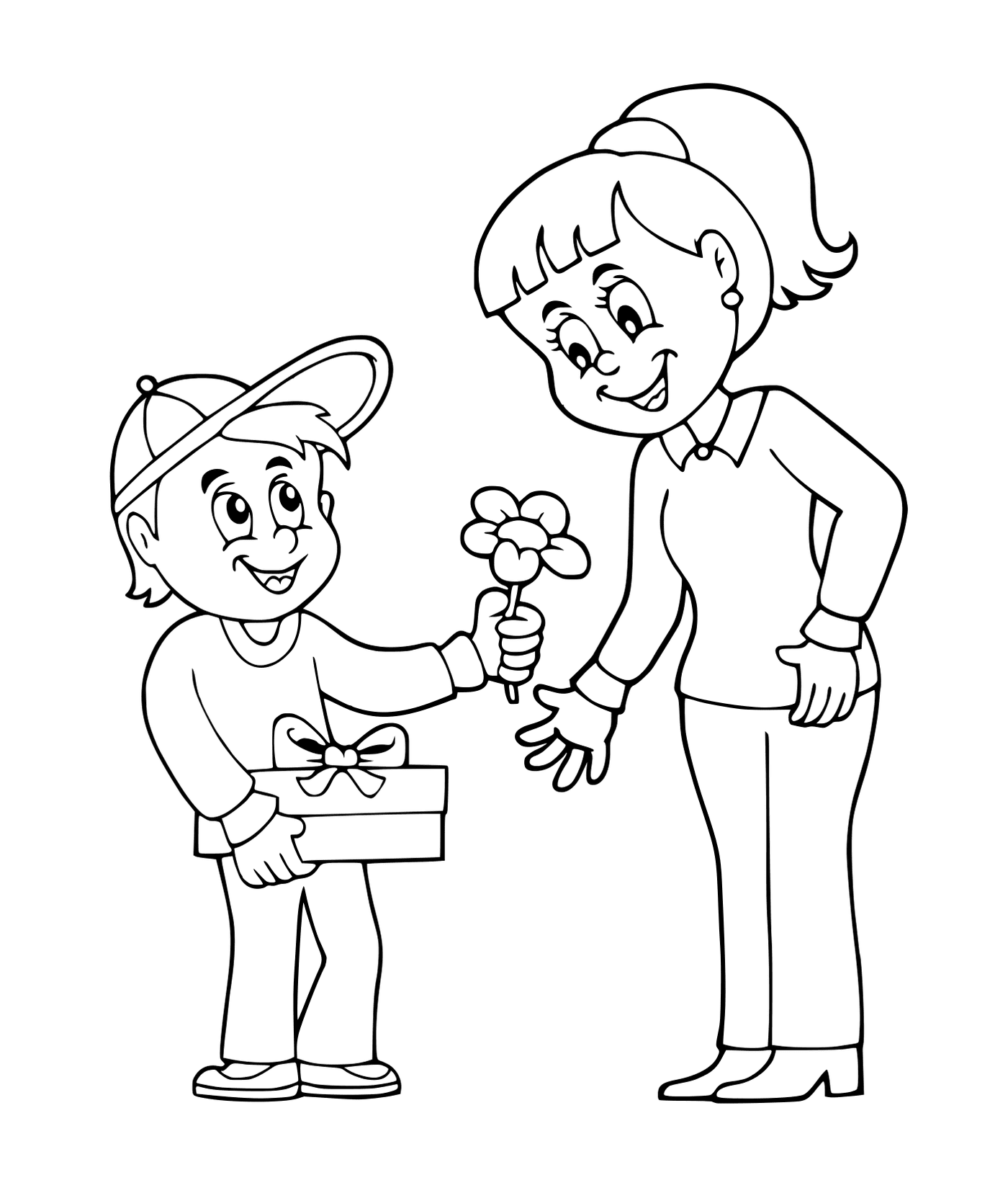  Ein Junge, der einem Mädchen Blumen anbietet 