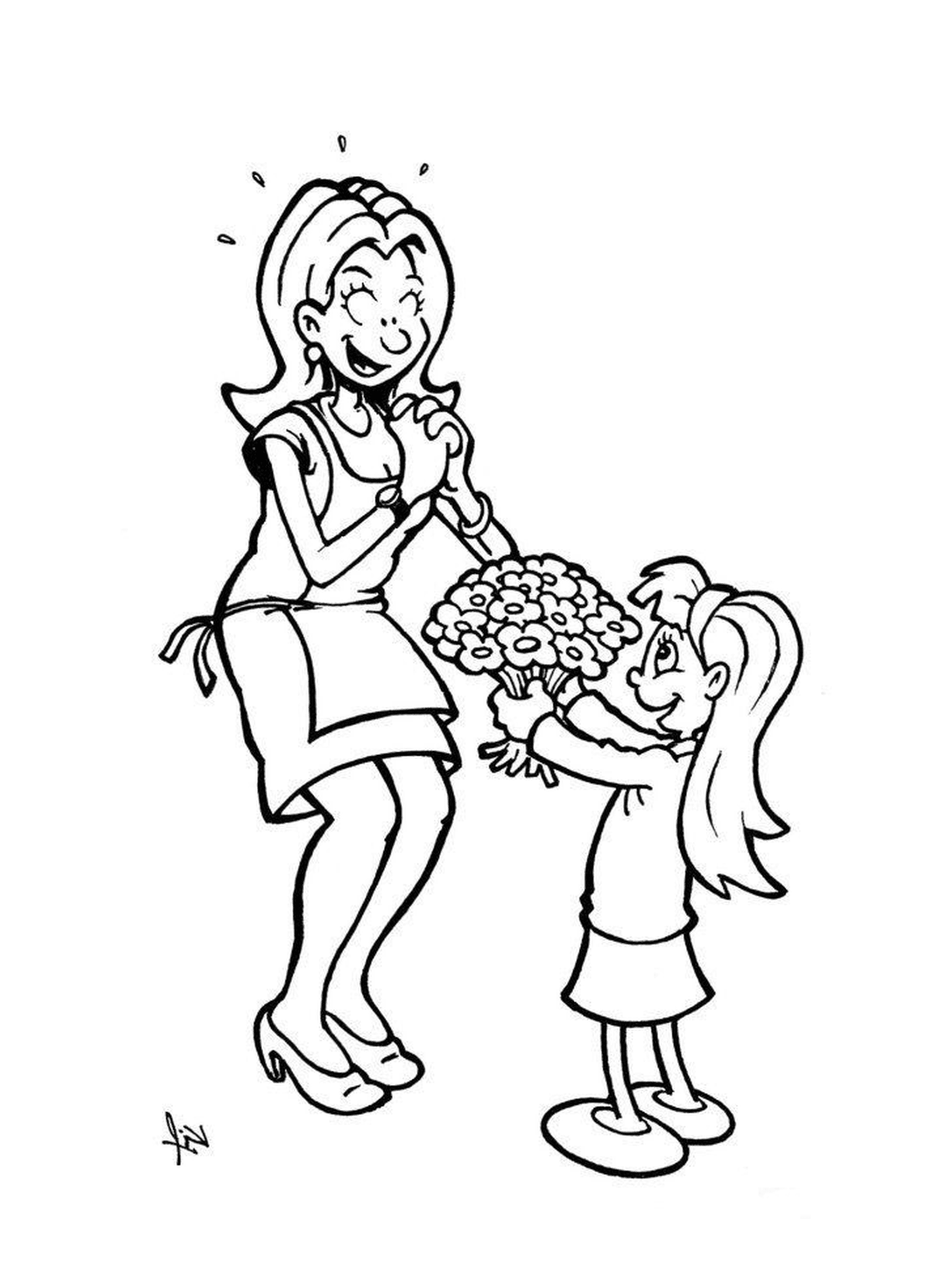  Ein Erwachsener und ein Mädchen, das Blumen hält 