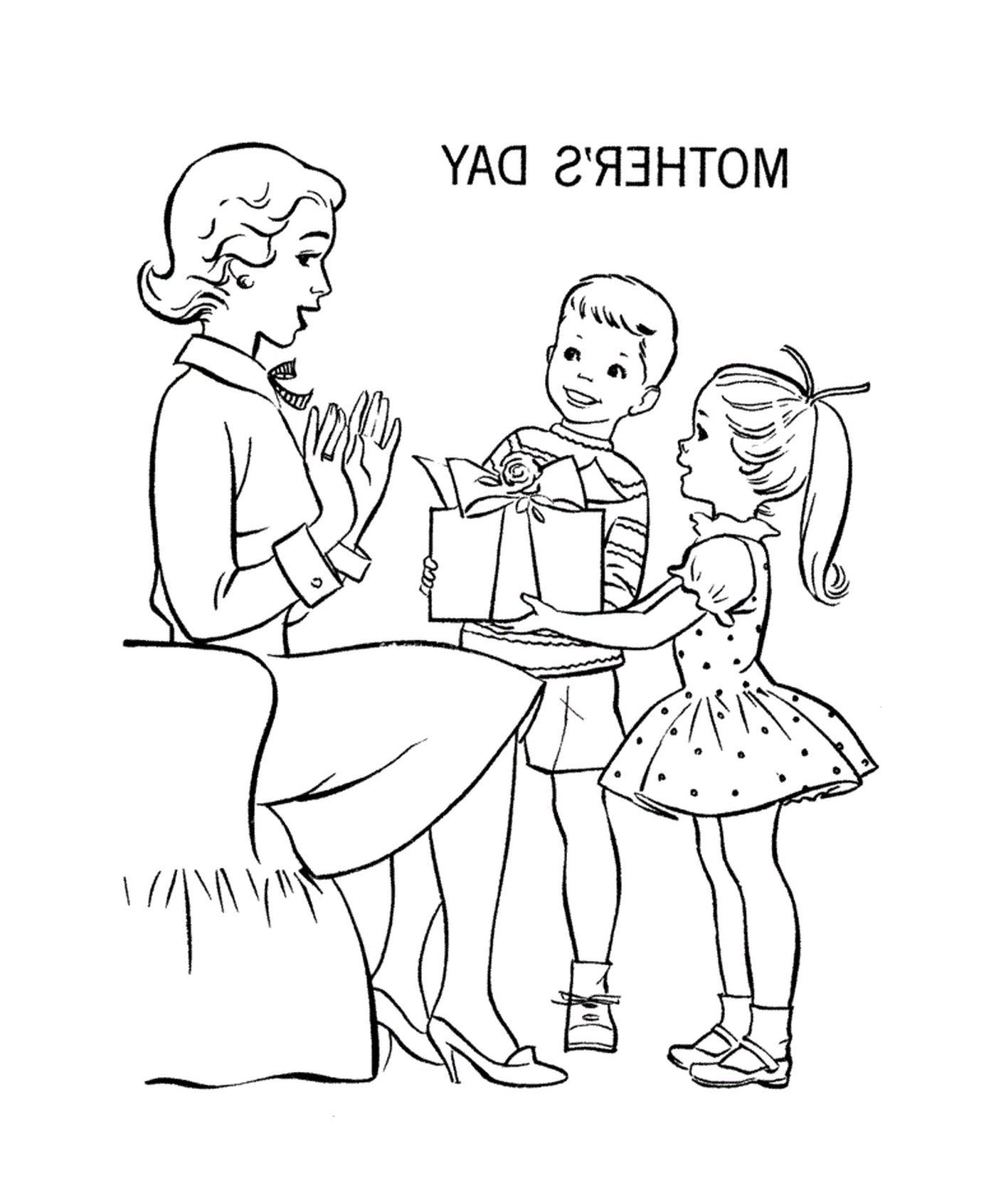  An adult woman offering a gift to a child 
