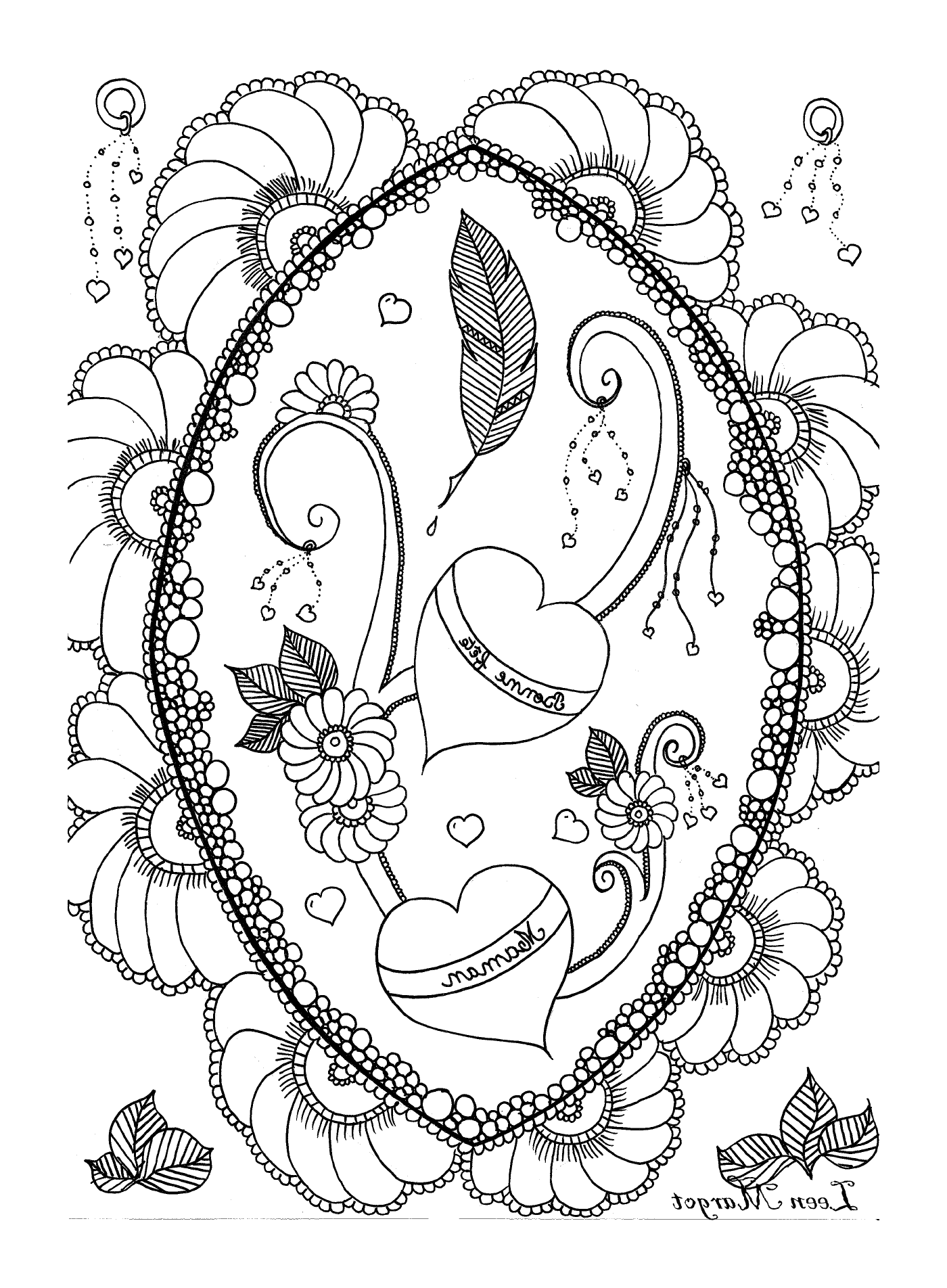  Una cornice ovale con due cuori, una piuma e fiori 