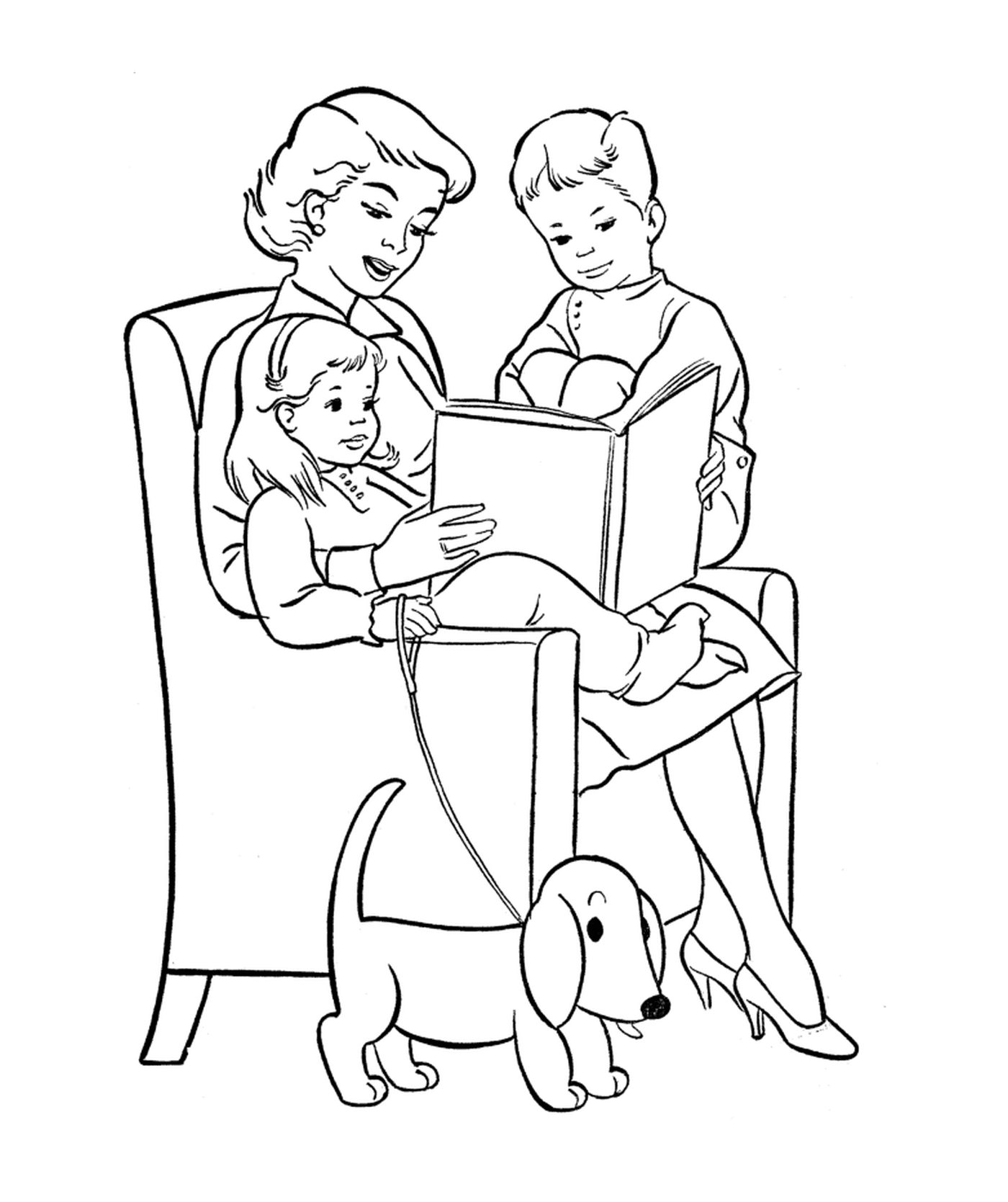  Una mujer leyendo un libro con dos hijos 