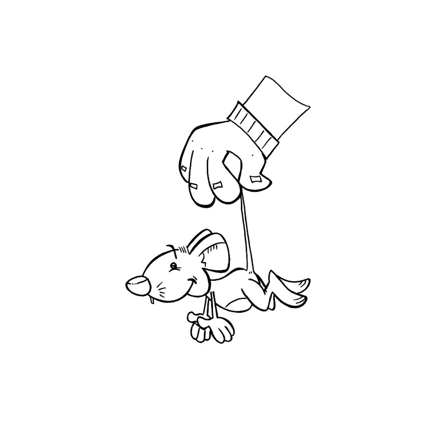  A hand holding a stick with a dog 