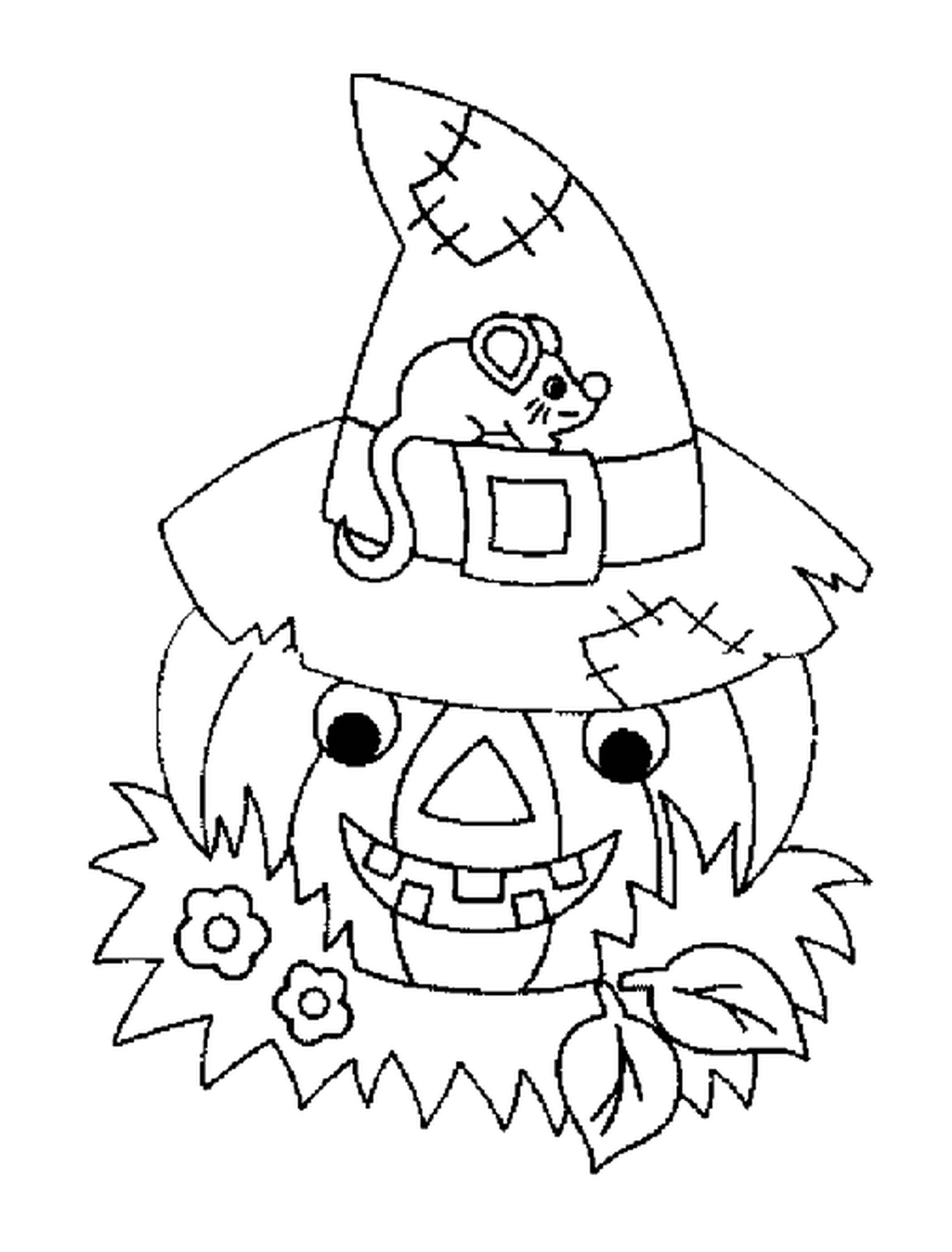  A scarecrow wearing a hat and a mouse 