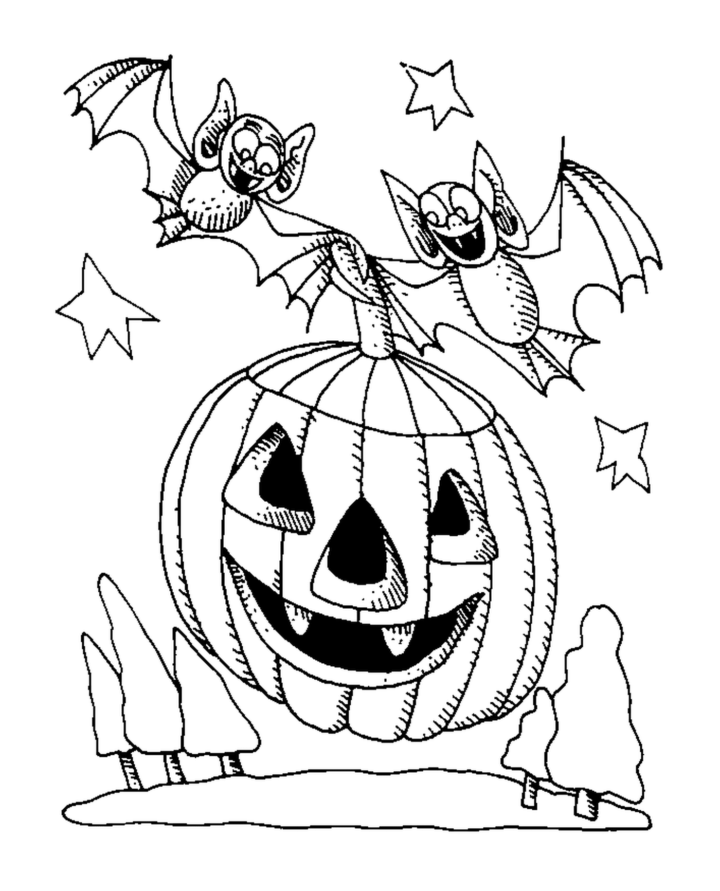  Calabaza de Halloween con dos murciélagos 
